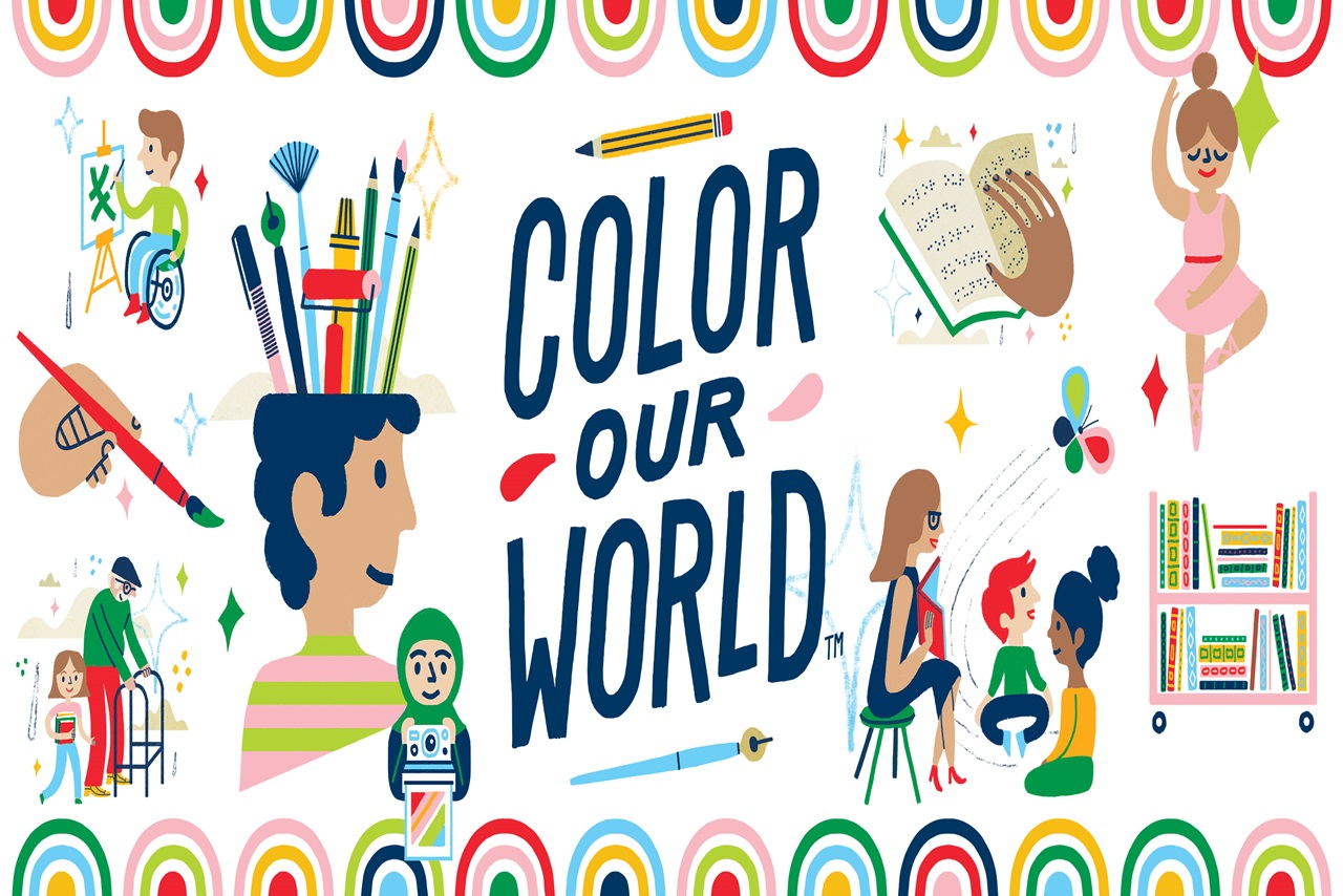 Color Our World summer reading banner featuring bright images of people and art with the slogan Color Our World in the middle of the banner.