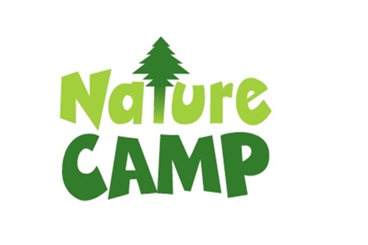 Green letters reading "Nature Camp" with the letter T in the word nature shaped like a pine tree.