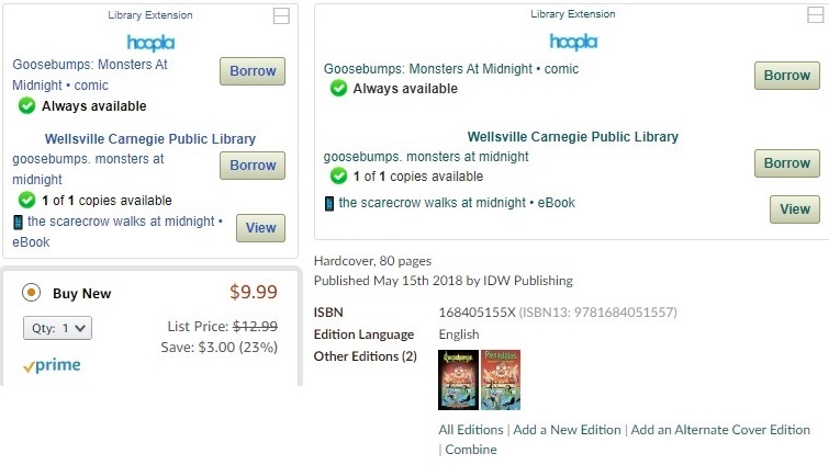 Screenshot examples of what the Library Extension will look like when added to Amazon and GoodReads.