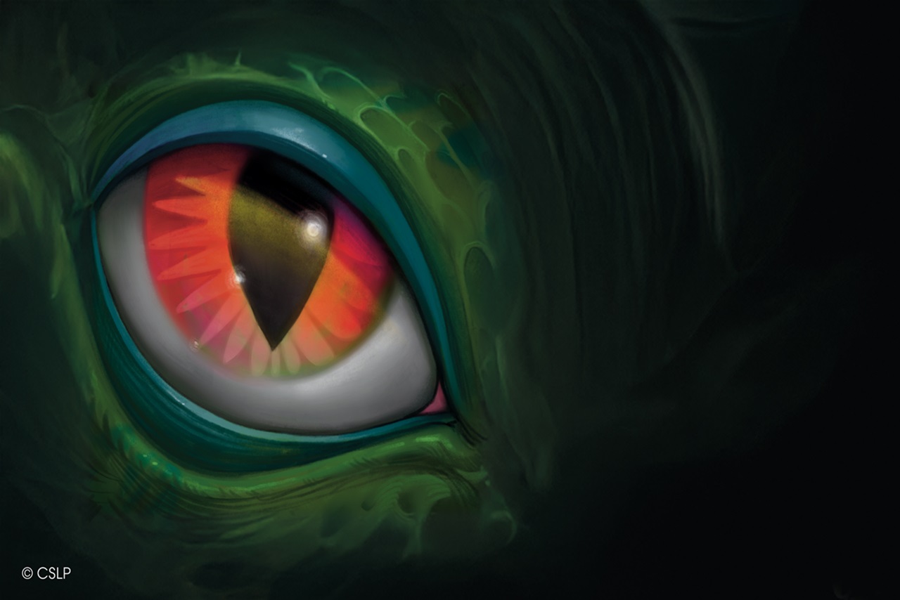 Close up on the golden eye of a green skinned dinosaur.