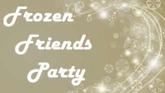 Frozen Friends Party sign with snowflakes and points of light