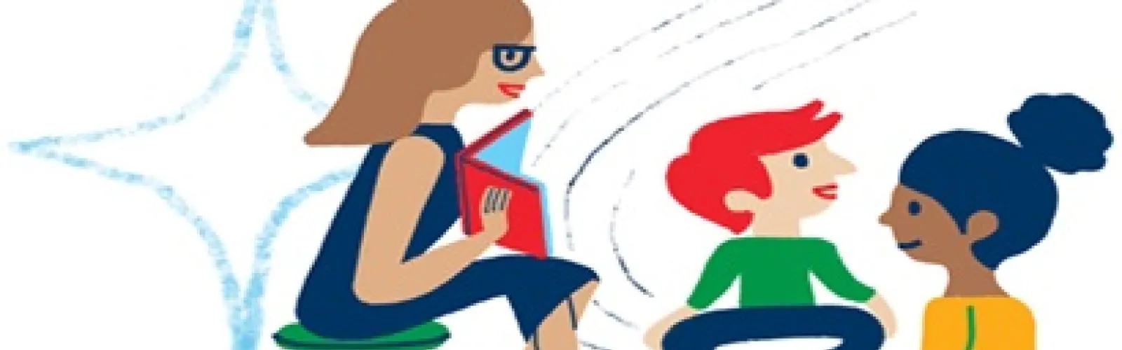 Illustration of an adult reading a book to two children.
