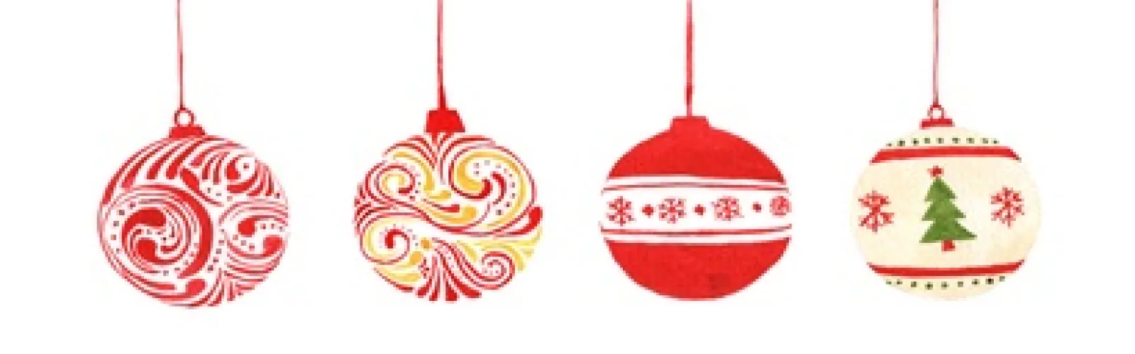 Set of round Christmas bulbs in red with patterns, isolated on white background.