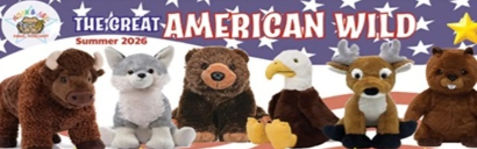 Noah's Ark Workshop stuffed animals are lined up in a row, including a bison, wolf, grizzly bear, eagle, white-tailed deer, and beaver.